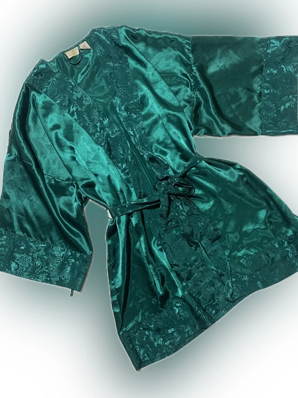 90’s Victoria's Secret gold label  Emerald Satin Kimono Robe with Jacquard Trim